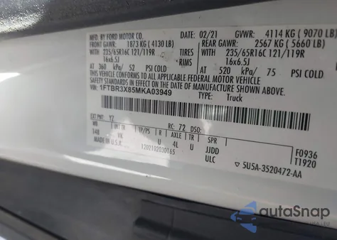 2021 Ford Transit-250 Cargo Van z USA, uszkodzony, nr VIN 1FTBR3X85MKA03949